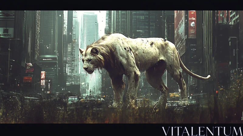 AI ART Lion in Post-Apocalyptic Cityscape