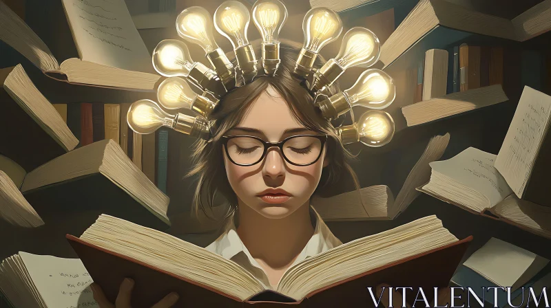 Girl with Light Bulbs and Books AI Image