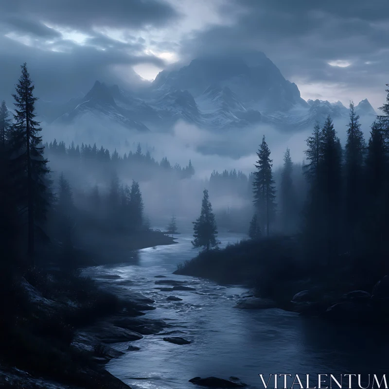 Serene Mountain River Scene AI Image