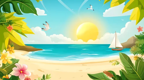 Sunny Beach Scene with Flowers