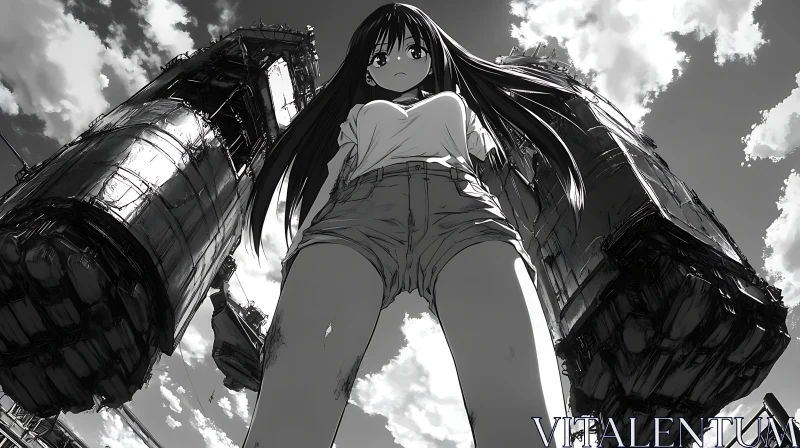 AI ART Anime Girl with Industrial Structures in Monochrome