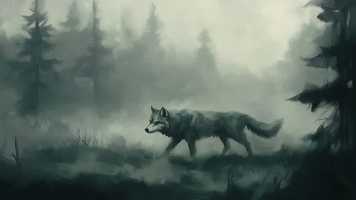 Lone Wolf in Foggy Woods