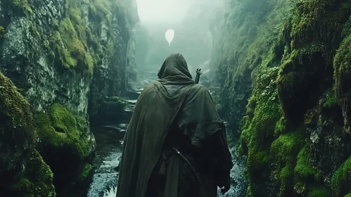 Cloaked Figure's Journey Through Mossy Gorge