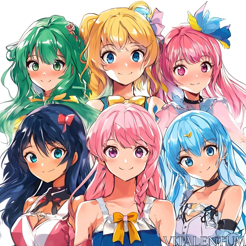 Colorful Anime Girl Characters Illustration AI Image