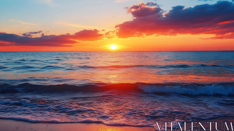 Serene Sunset Over the Calm Ocean Waves AI Image