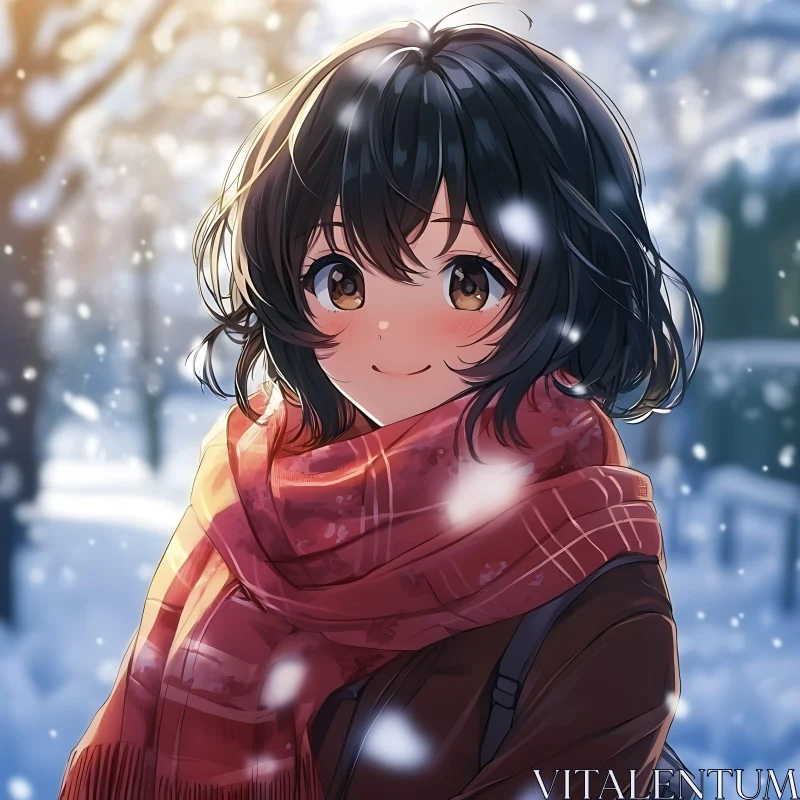 Winter Anime Portrait with Snowflakes and Scarf AI Image