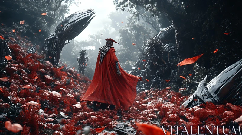 Surreal Forest with Red Cloaked Figure AI Image