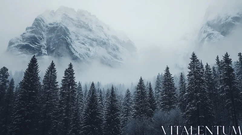 Misty Mountains and Evergreen Forest AI Image