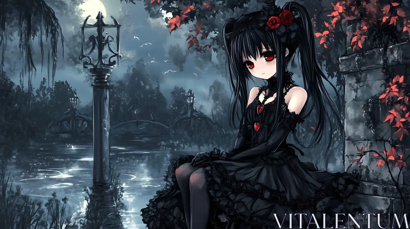 AI ART Moonlit Gothic Anime Girl with Red Roses