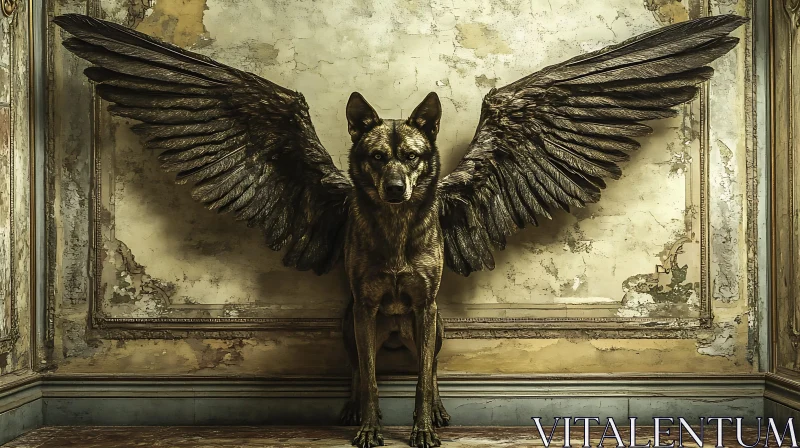 Eerie Winged Dog in Rustic Setting AI Image