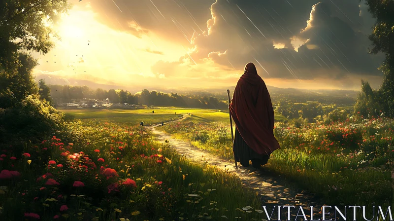 Cloaked Figure in a Sunny Landscape AI Image