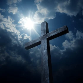 Wooden Cross Silhouette Against Sunlight