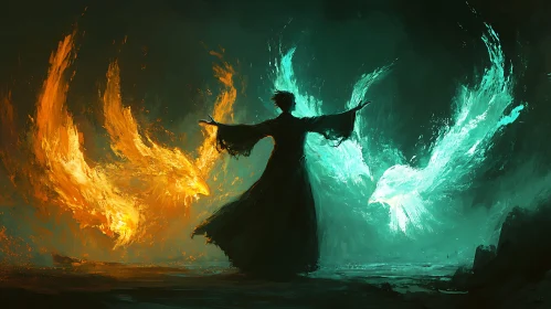 Mystic Figure with Fiery and Icy Phoenixes
