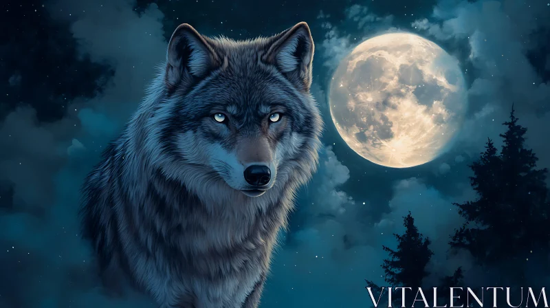 Mystic Wolf in Moonlight Landscape AI Image