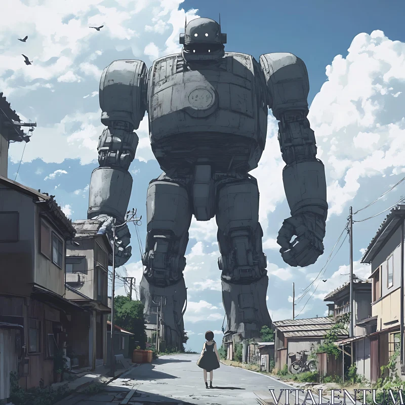 AI ART Colossal Robot Overlooking a Small Town