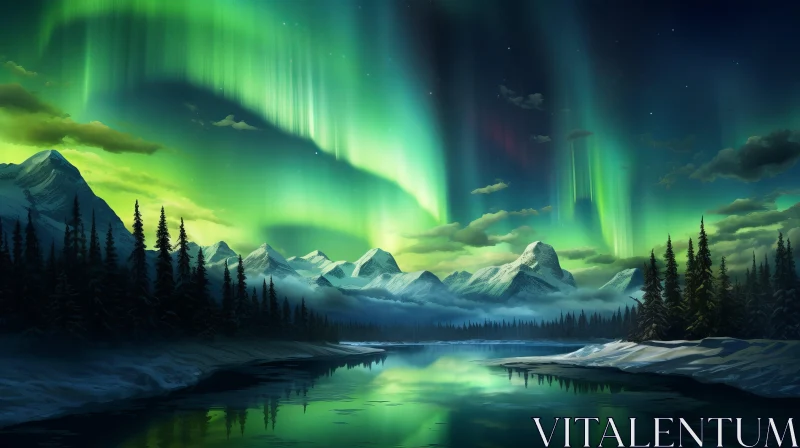 Aurora Borealis Over River and Mountains - Digital Painting AI Image