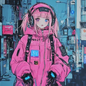 Anime Girl in Cyberpunk Urban Setting