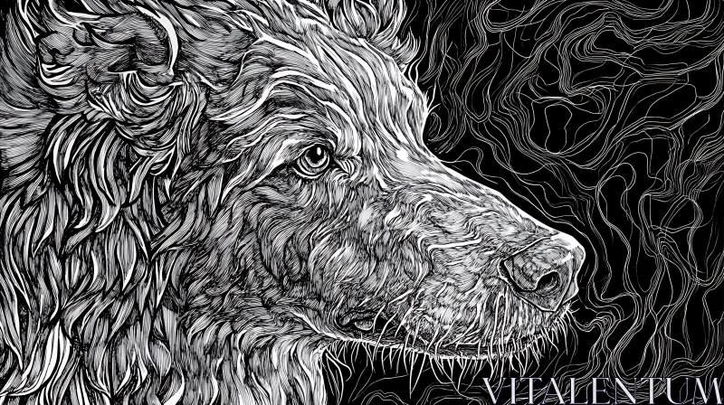 AI ART Monochrome Wolf Head Detailed Ink Art