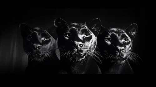 Monochrome Image of Three Black Panthers