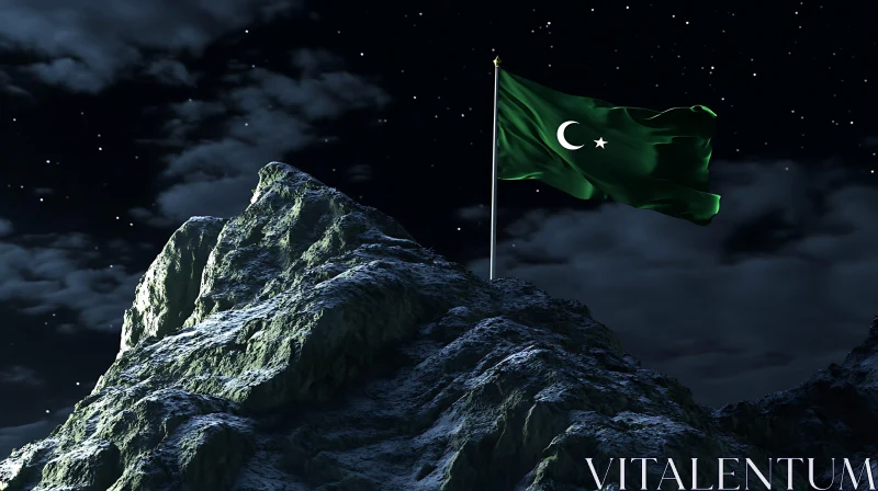 Mountain Allegiance: Green Flag Under Starry Skies AI Image