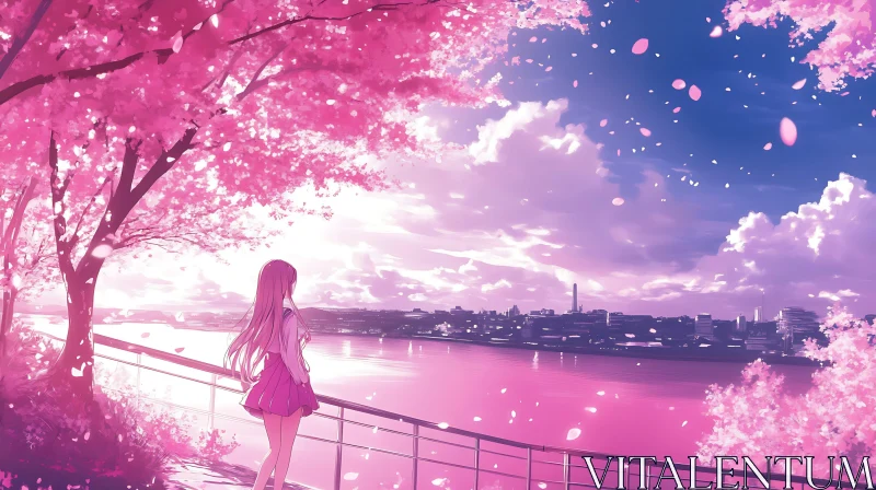 Cherry Blossom Anime Waterfront Scene AI Image