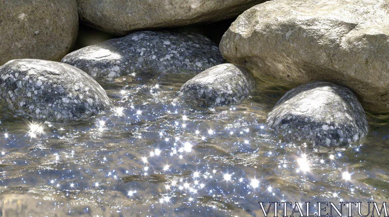 Peaceful Stream with Sunlit Rocks and Sparkling Water AI Image