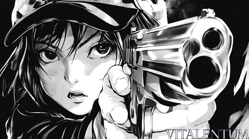 High-Contrast Monochrome Anime Art with Gun-Wielding Character AI Image