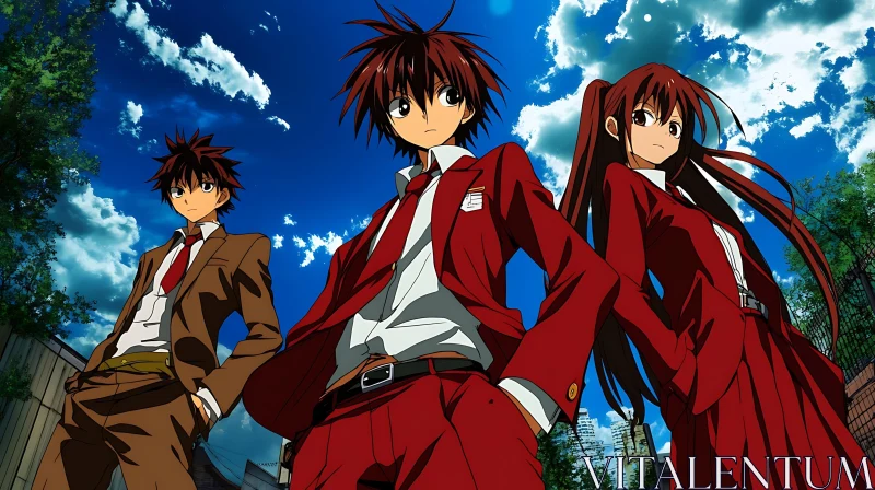 Confident Anime Trio in School Outfits AI Image