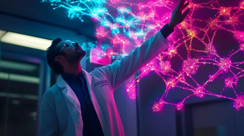 Man in Lab Coat with Glowing Nodes