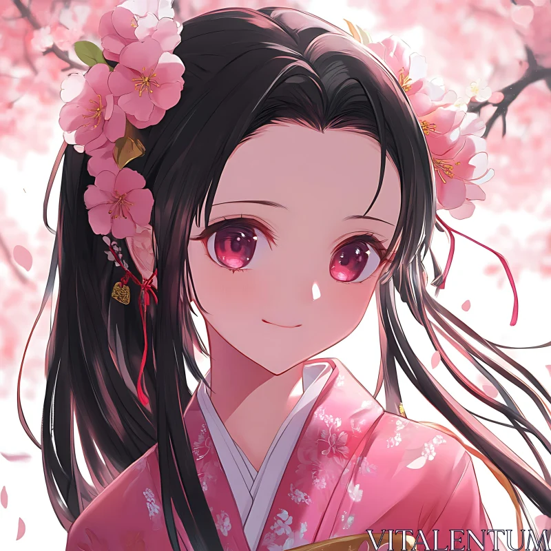 Serene Anime Girl Under Cherry Blossoms AI Image