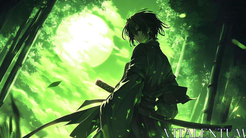 Samurai in Forest Anime Art AI Image