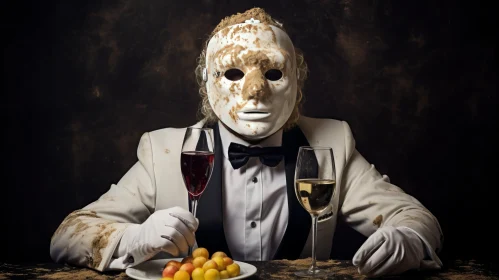 Macabre Surrealism: Masked Figure Amidst French Cuisine