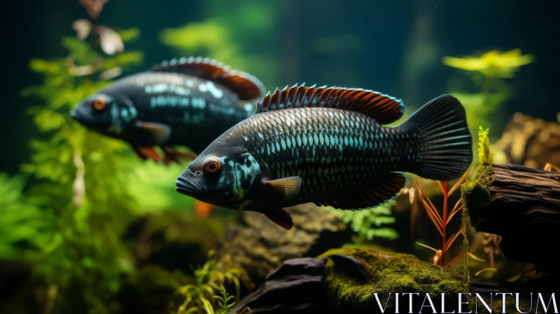 Tropical Aquarium Photography: Two Black Fish Swimming with Bronze Tones AI Image
