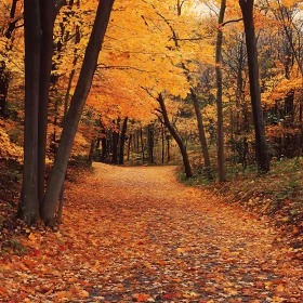 Golden Autumn Leaves on Forest Trail