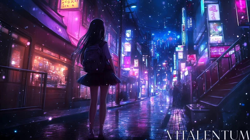 AI ART Neon Night Street Scene with Girl