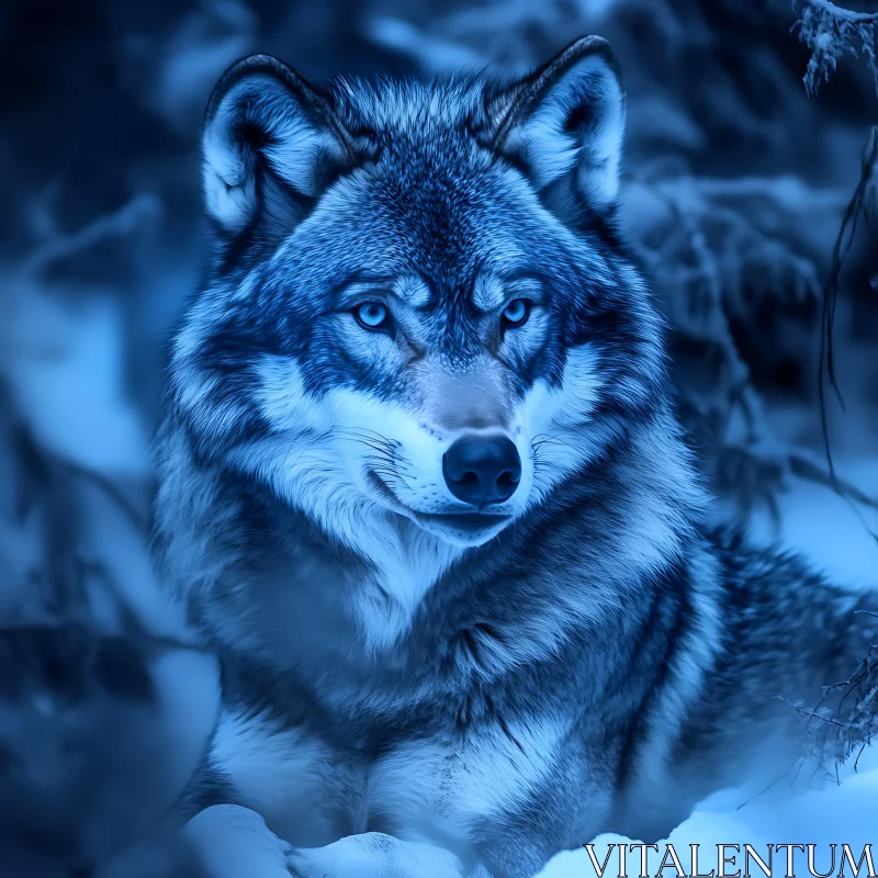 Blue Toned Wolf Portrait in Snow AI Image