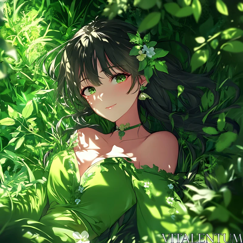 Green-Themed Anime Art with Nature Elements AI Image