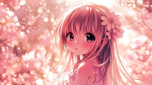 Anime Girl Amidst Pink Blossoms with Floral Hair Accessory