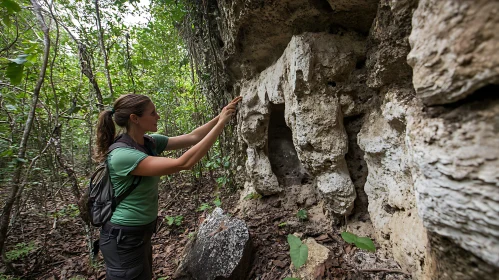 Woman Exploring Forest Rock Art