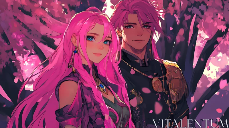 Pink-Haired Anime Couple in Fantasy Setting AI Image