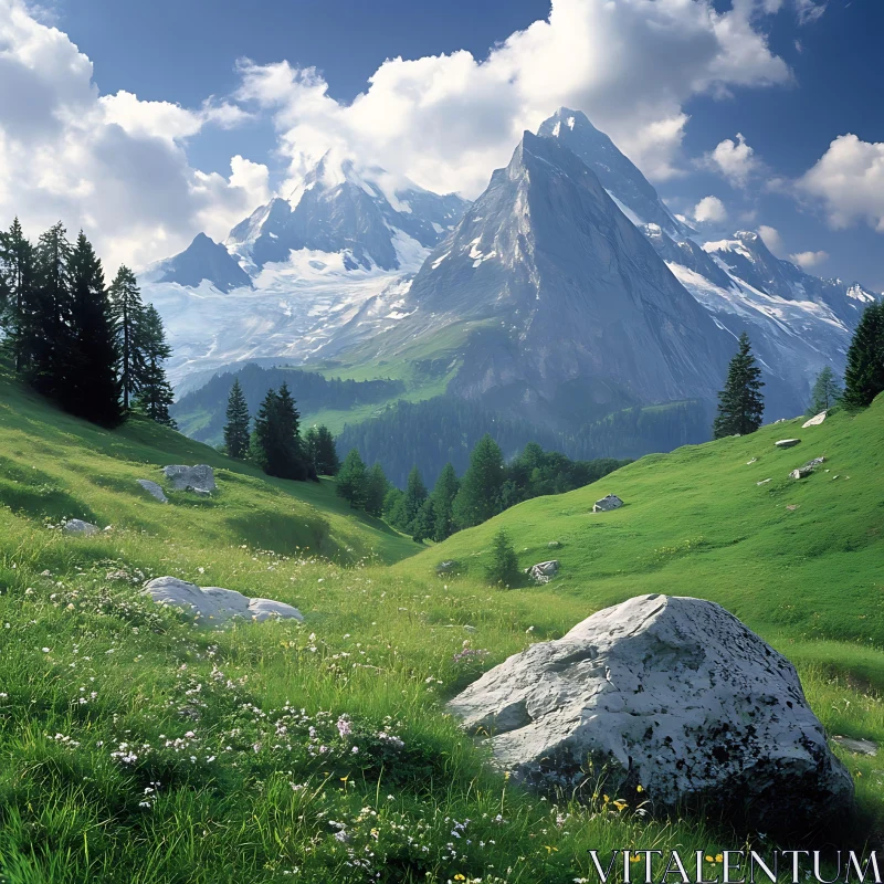 Green Field and Mountain Landscape AI Image