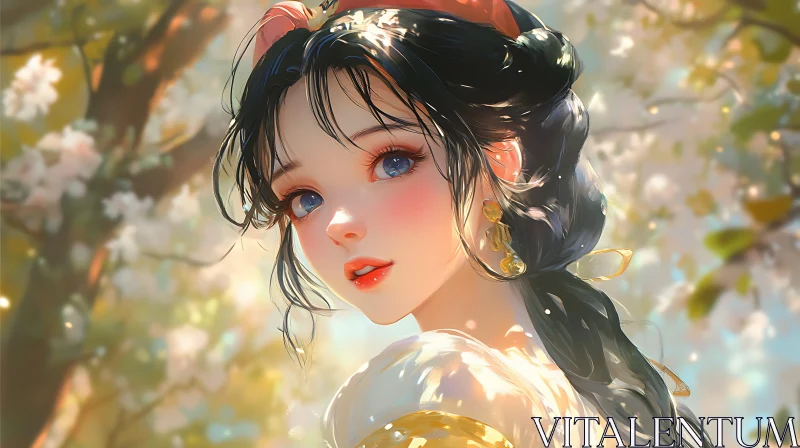 Anime Portrait with Blossoms and Sunlight AI Image