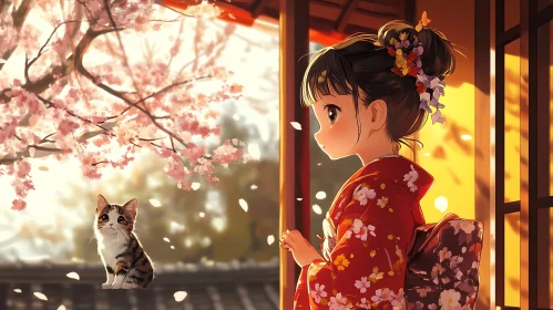 Charming Anime Spring Scene with Cherry Blossoms and Cat