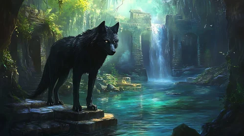 Serene Wolf Landscape with Waterfall