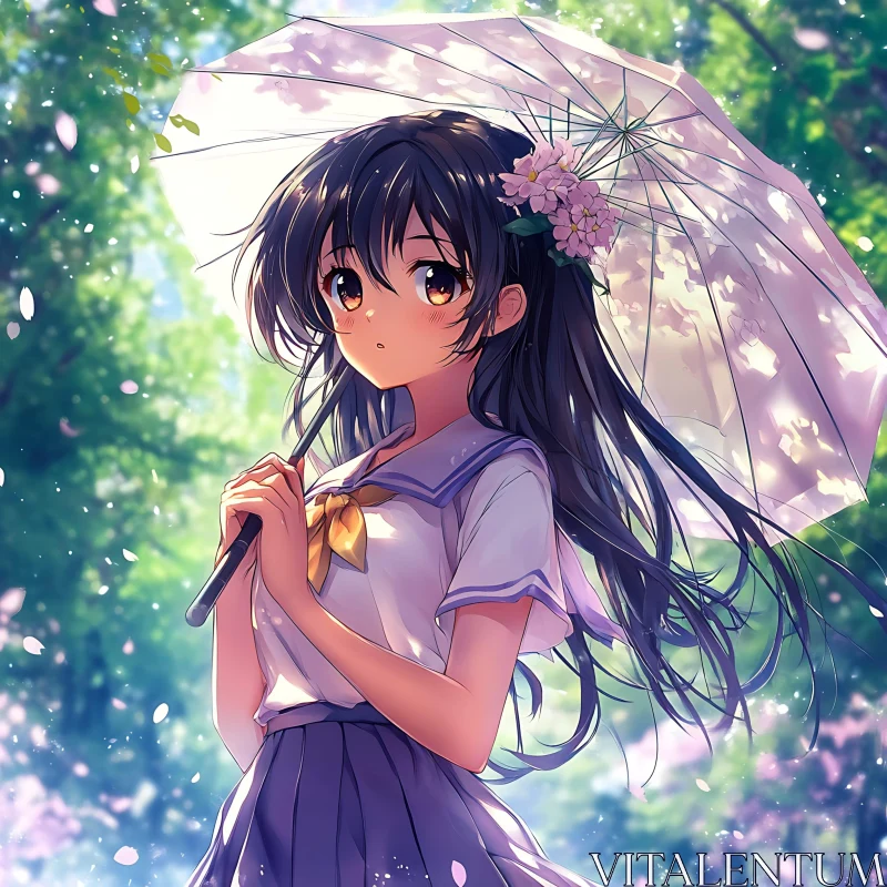 Anime Spring Scene with Blossoming Umbrella AI Image