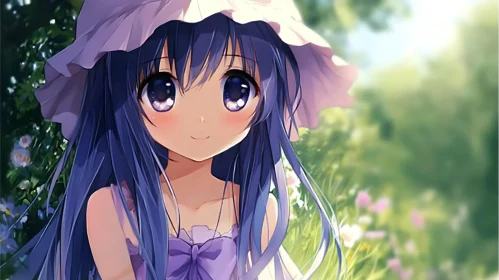 Cute Anime Girl with Hat in Flower Garden