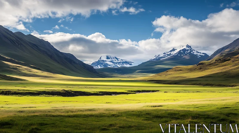 AI ART Scenic Mountain Valley with Snow-Capped Peaks