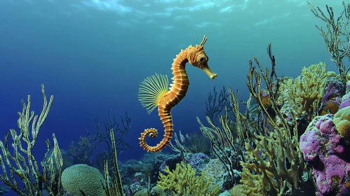 Seahorse Swimming in Coral Reef