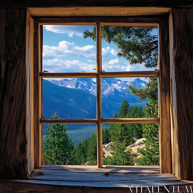 AI ART Rustic window with mountain scenery