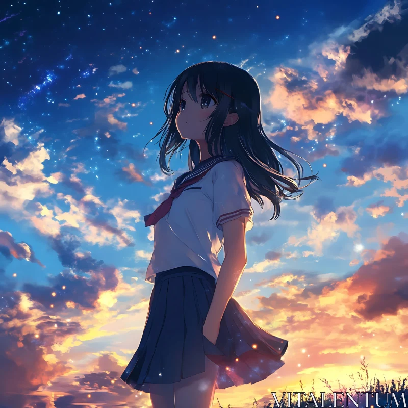 Contemplative Anime Girl at Sunset AI Image